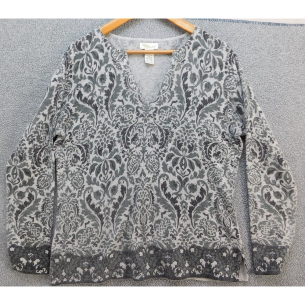 Tweeds Angora/Wool Sweater Womens XL Grey Pullover V-neck Paisley Floral
